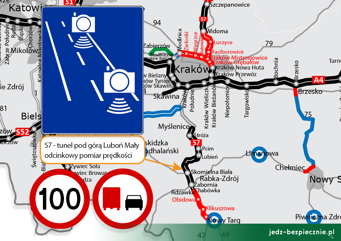 Polskie drogi - odcinkowy pomiar prędkości w tunelu na Zakopiance, S7, 100 km/h